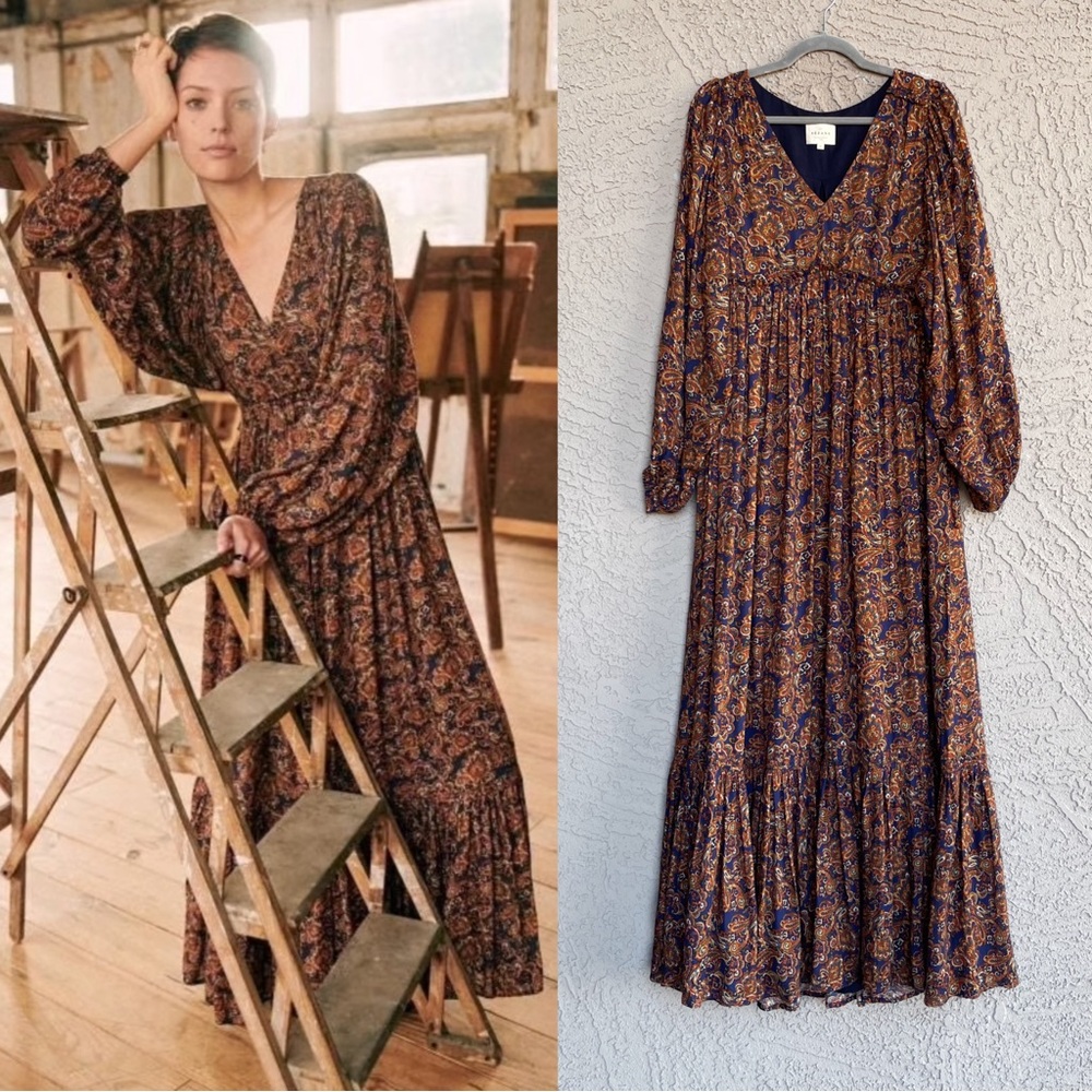 SEZANE Navy Blue & Orange Tan Paisley Boho Floral Flowy Evelyna Maxi Dress